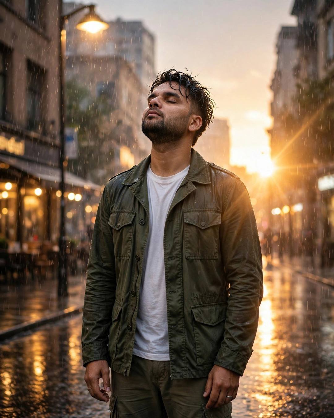 Standing at the mouth of a dark — olive field jacket, white tee, cargo pants, towel-dried tousled hair standing under a streetlamp in the rain, face lifted to the sky