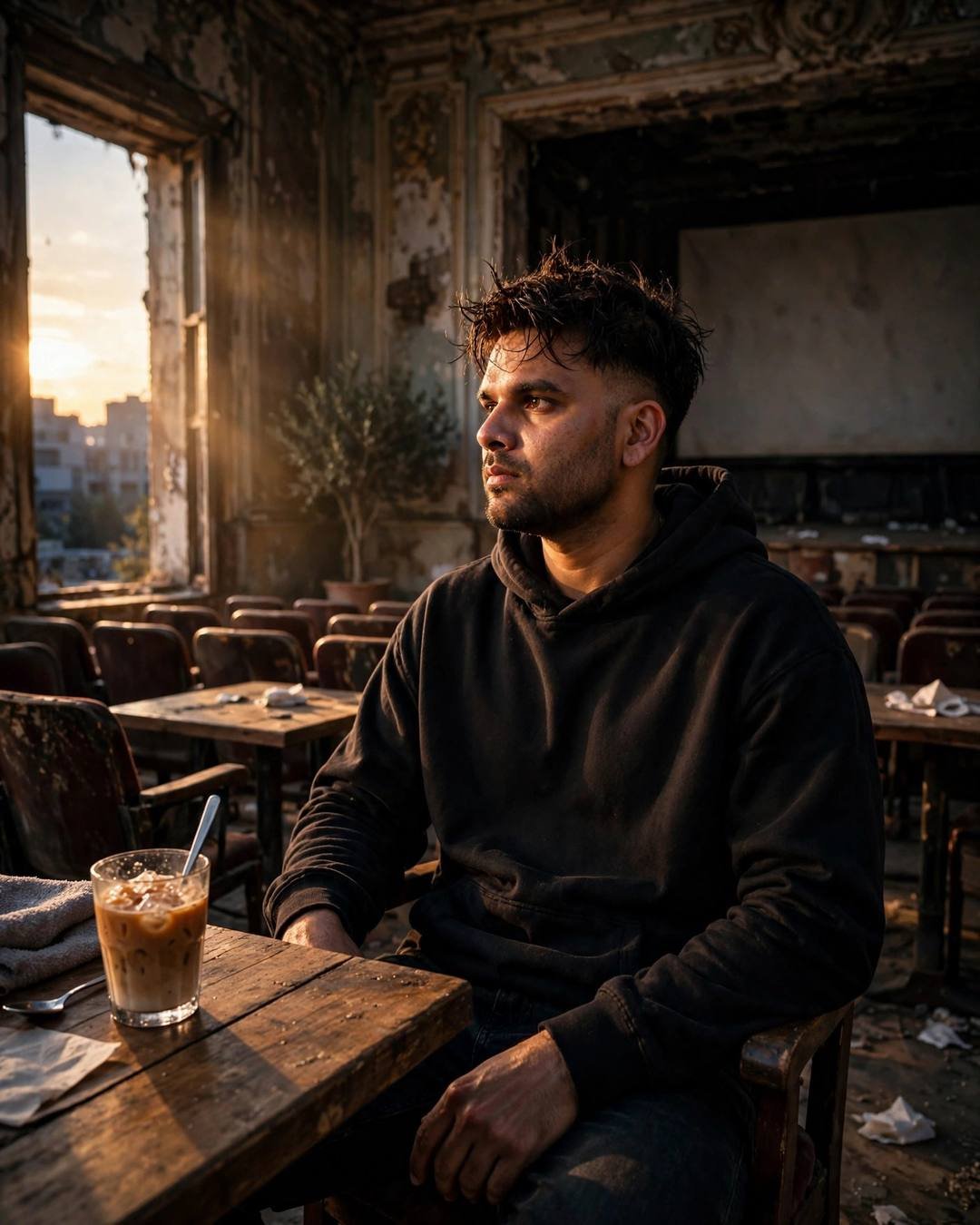 Young Indian man in black hoodie cradling coffee at a lone table in a dark cinema hall