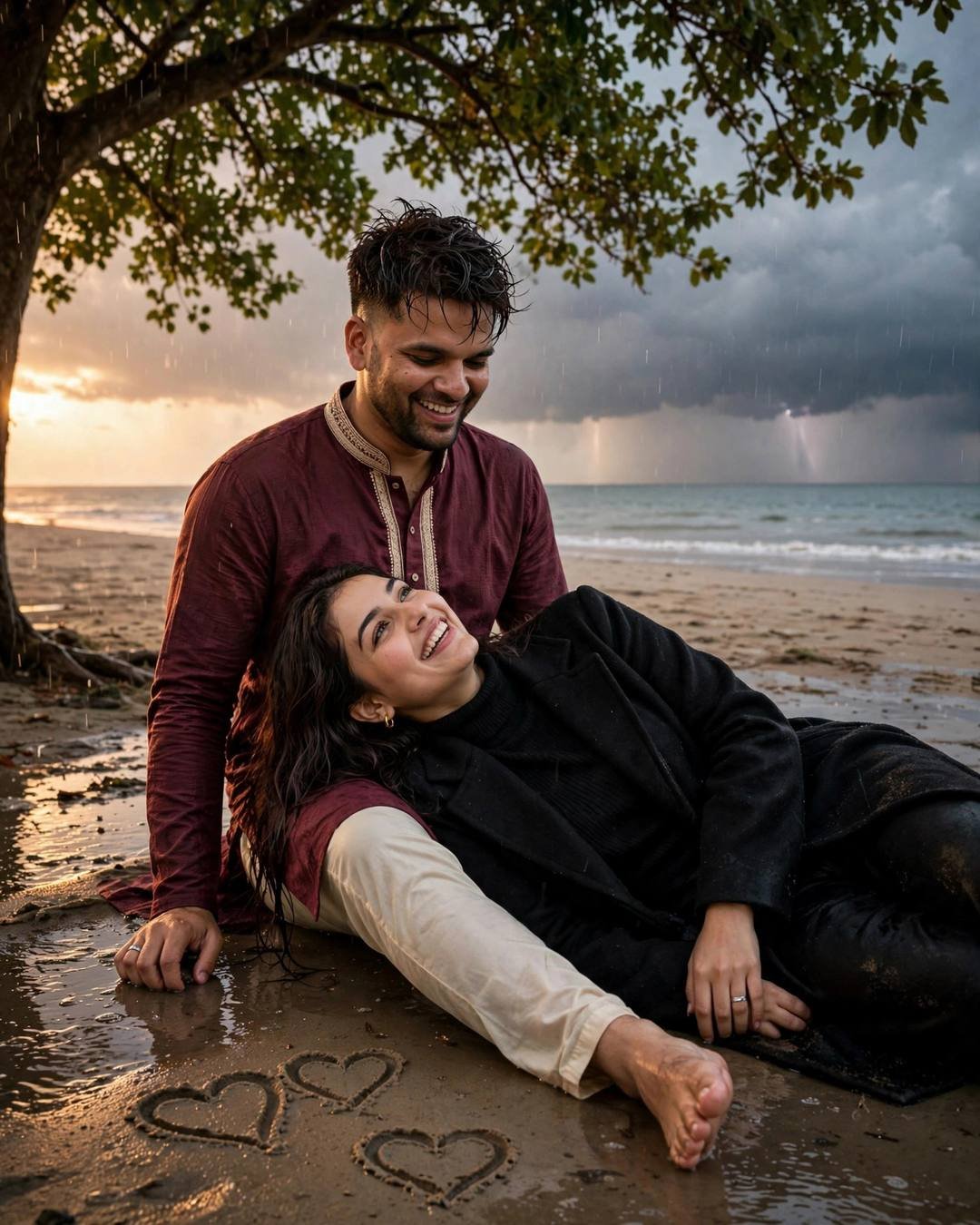 Emotional couple laughing together under a tree at a deserted beach at dusk