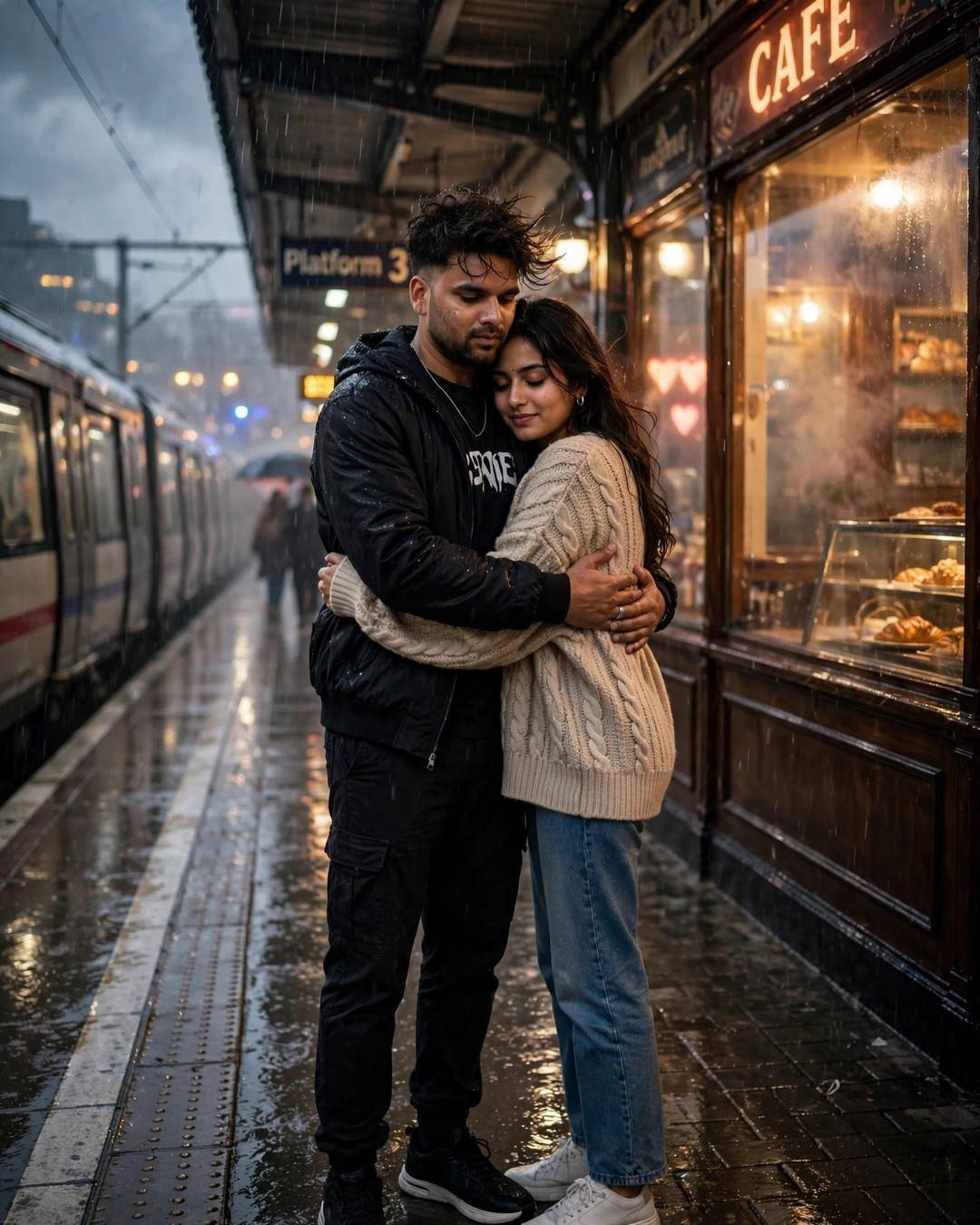 Young couple hugging in the drizzle outside a glowing old cafe at night