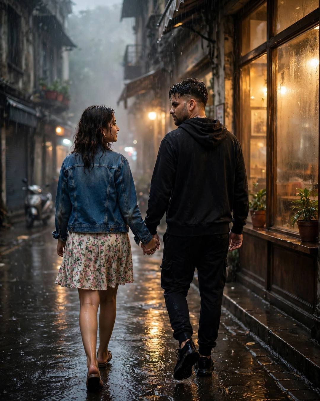 Young couple walking hand in hand away into a glowing rain-washed street at night