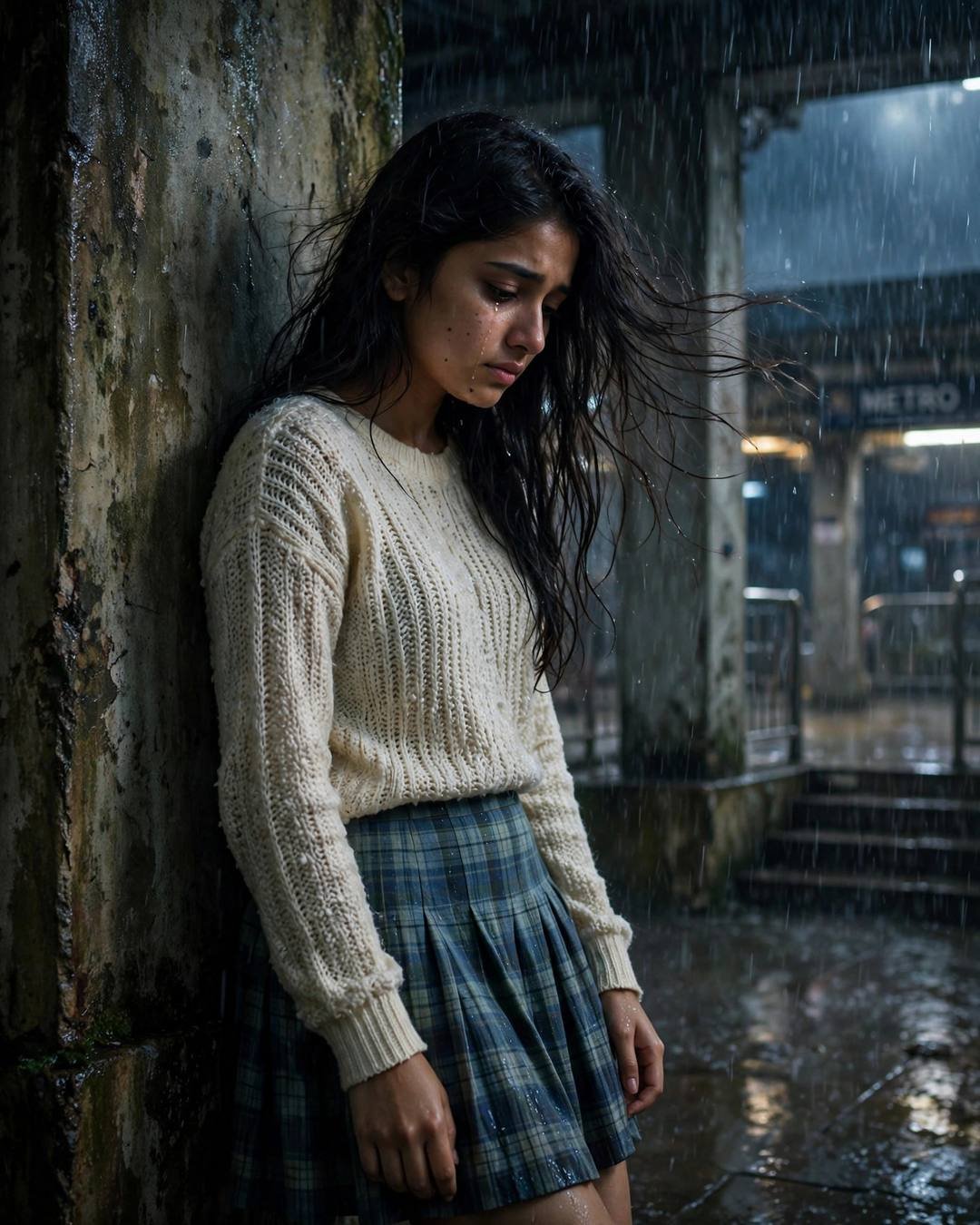 Young Indian woman laughing through monsoon rain at a midnight metro station