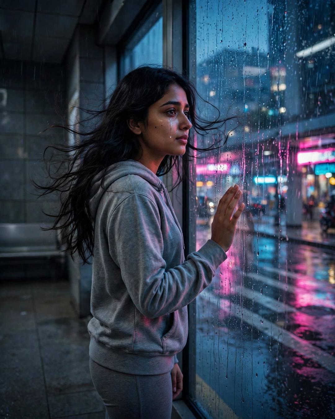Young Indian woman holding her newborn niece at a rainy metro window at night