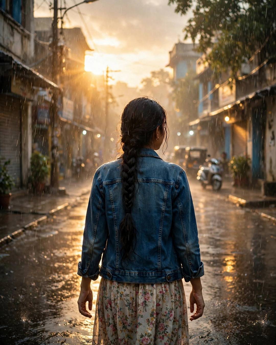 Woman walking away down a rainy street into golden backlight