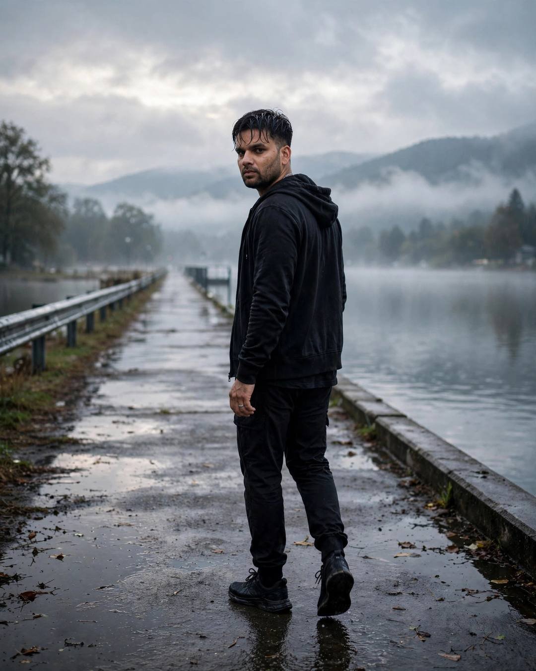 Sitting on the bonnet, watching trucks pass — all-black streetwear with sneakers, damp rain-wet hair walking away from the camera down an empty path at quiet lake pier