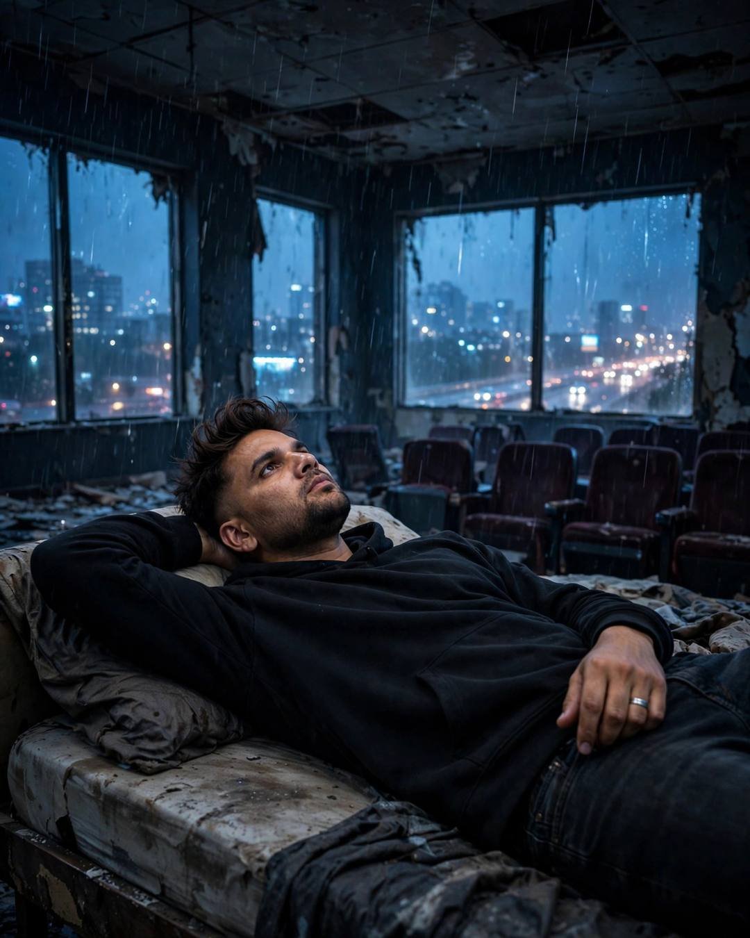 Man in black hoodie lying on a bed inside an abandoned cinema hall at blue hour, rain falling through broken windows