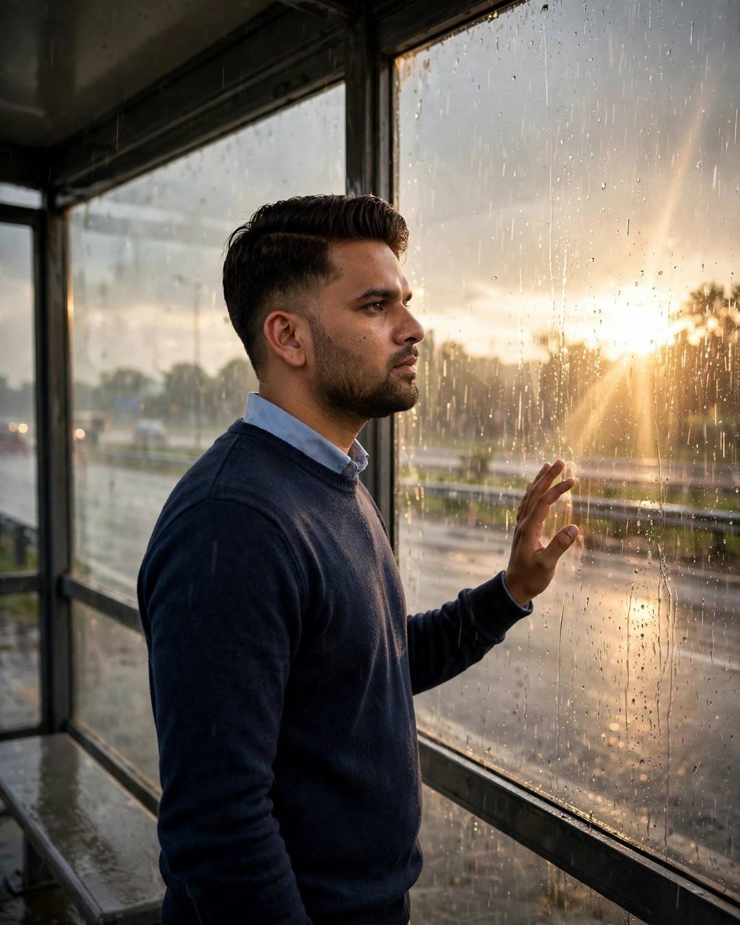 Arms spread wide in the middle of — navy sweater over collared shirt, neatly combed side part standing at a rain-streaked window, one hand on the glass
