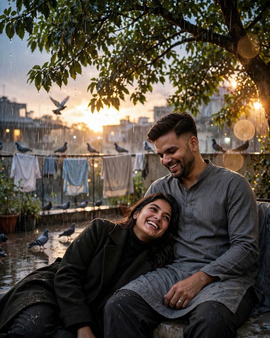 Laughing couple under a tree in monsoon rain with pigeons and golden light