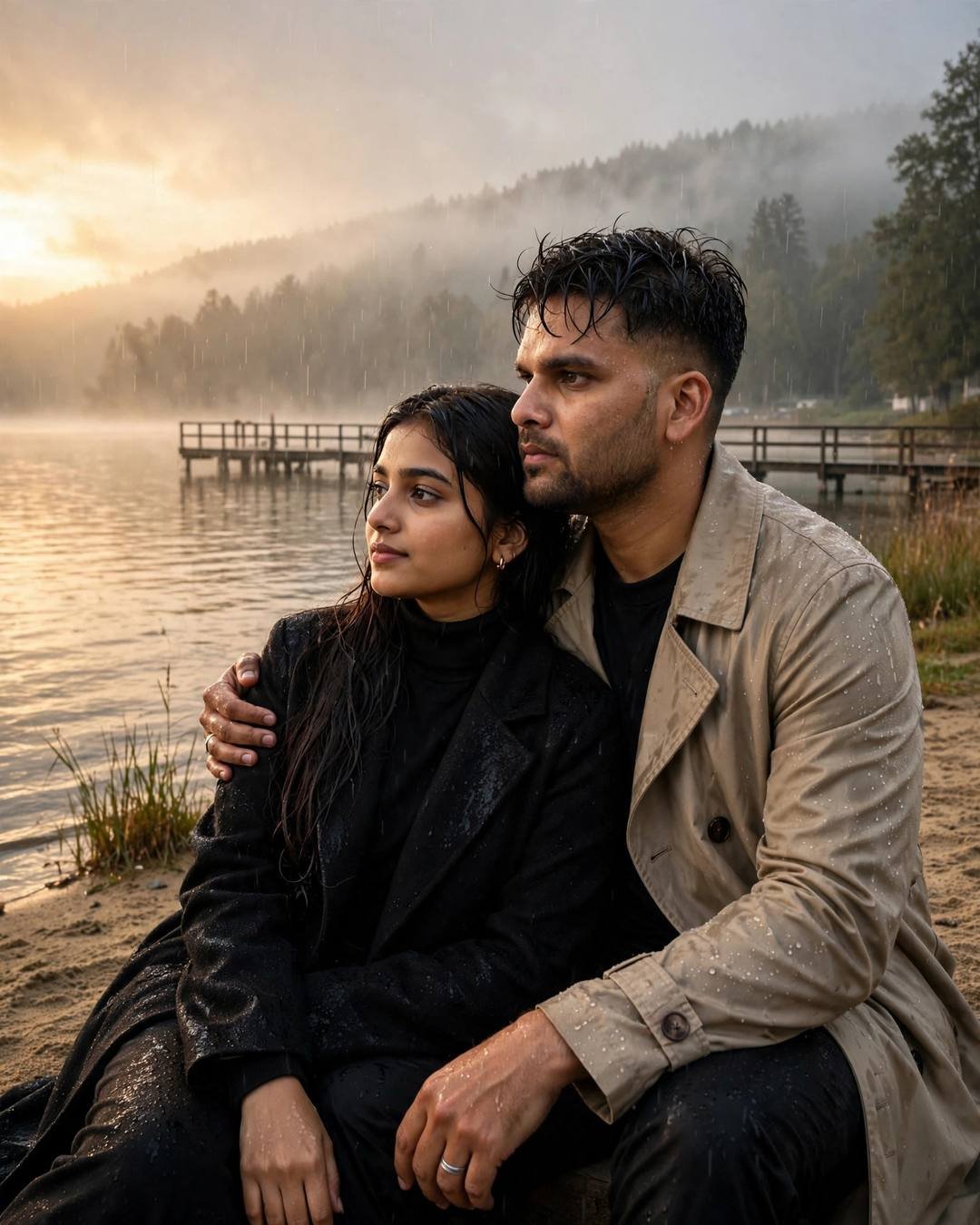 Couple sitting close on a lake pier at dawn in drizzle and mist
