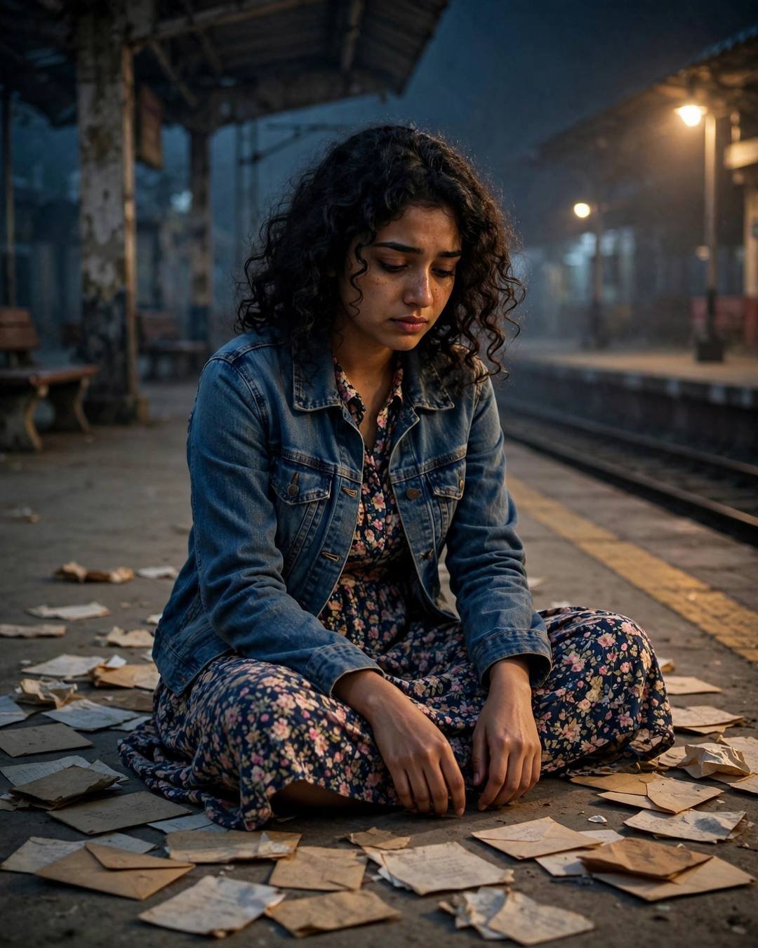 Young Indian woman in a denim jacket and floral dress sitting cross-legged on an empty railway platform at night, surrounded by scattered old love letters under a warm streetlamp