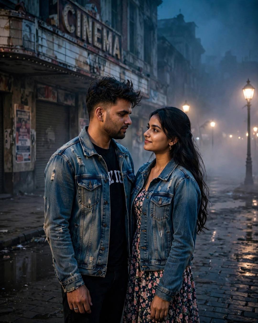 Couple slow dancing in fog on an empty street before an abandoned cinema hall, both in denim jackets