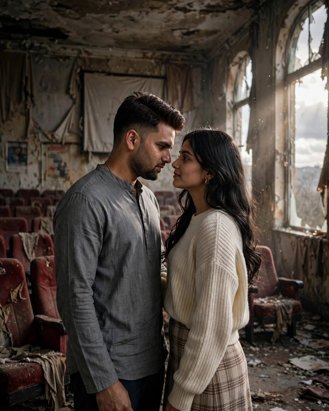 Couple standing face to face with foreheads almost touching inside an abandoned cinema hall