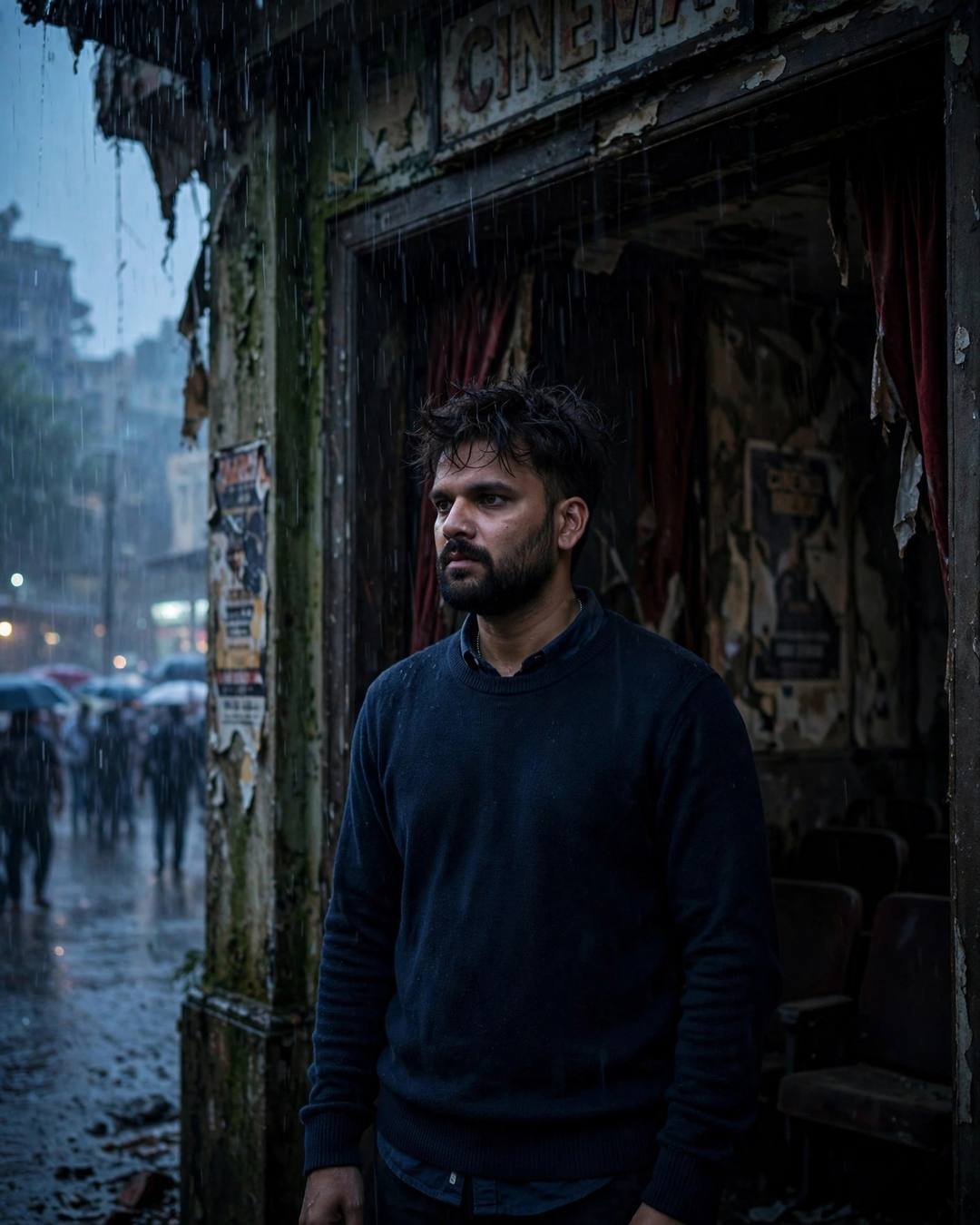 Young man in navy sweater standing in the doorway of a derelict cinema hall during heavy monsoon rain at blue hour