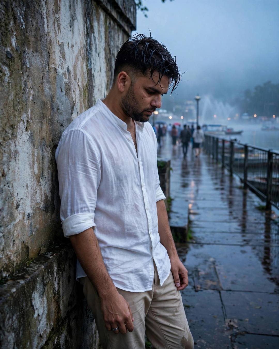 Young man in white linen shirt leaning against a weathered wall at a rain-wet lake pier at dawn