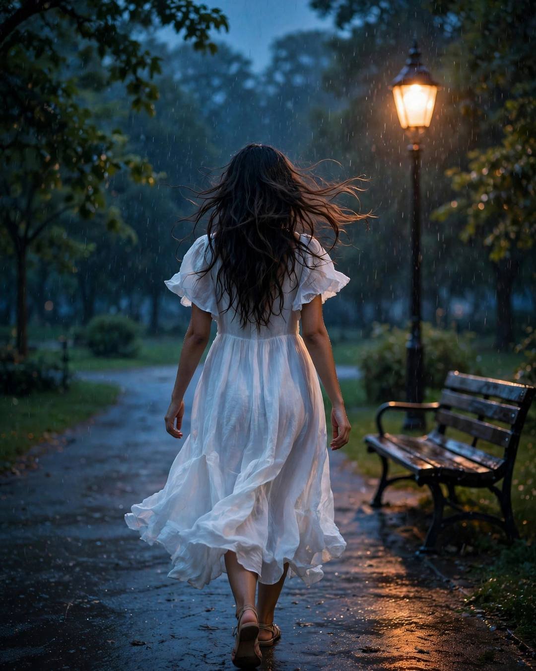 Woman in a flowing white dress walking away down a rain-wet park path at blue hour
