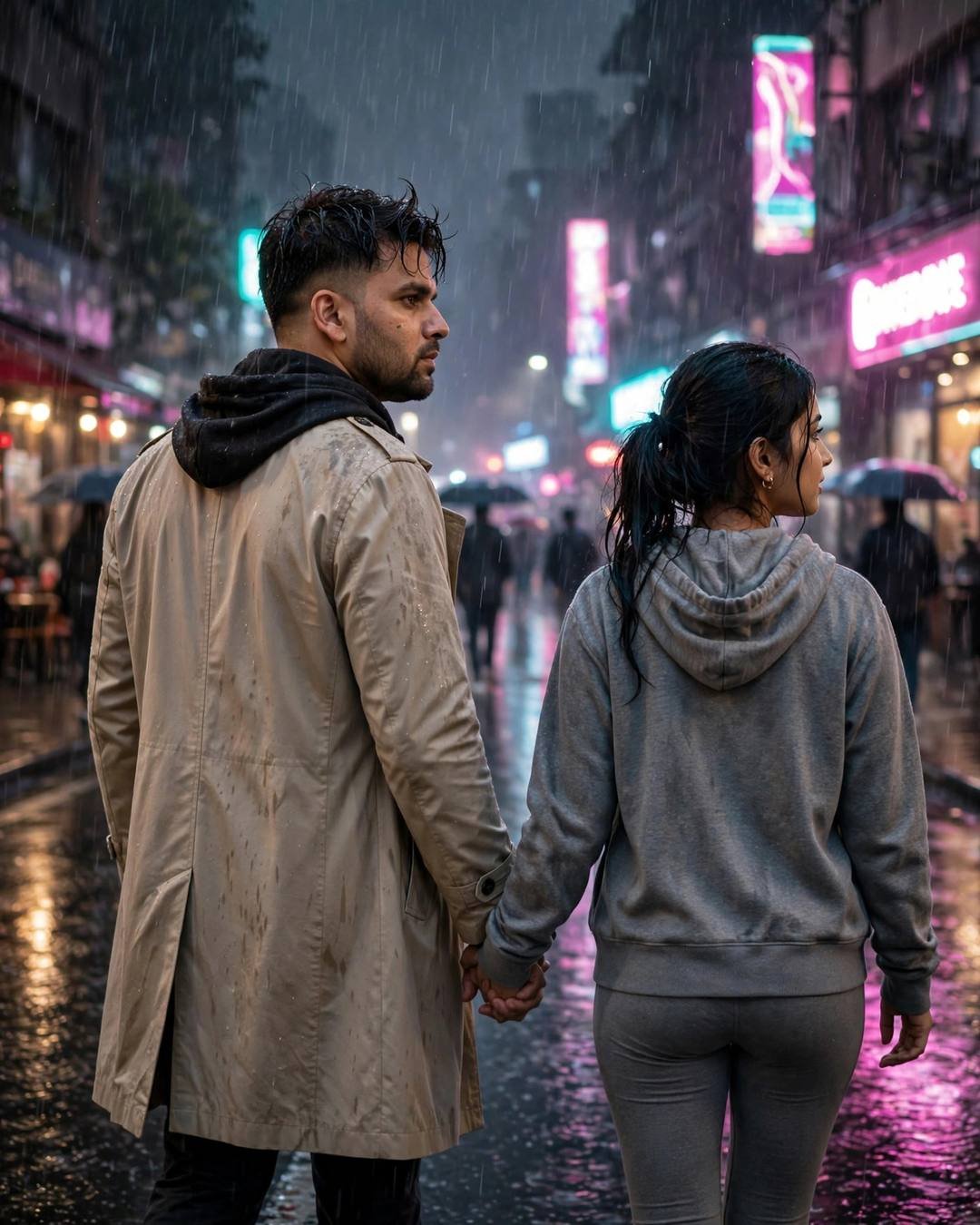 Couple holding hands walking through neon-lit rain at midnight, man in beige trench coat, woman in grey hoodie