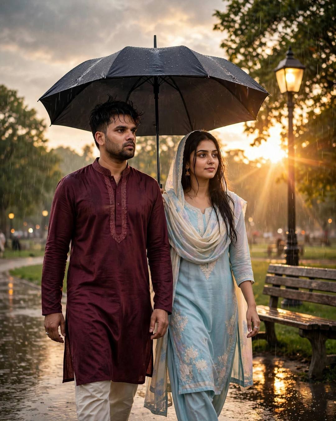 Couple walking under one umbrella on a rainy park path at golden hour