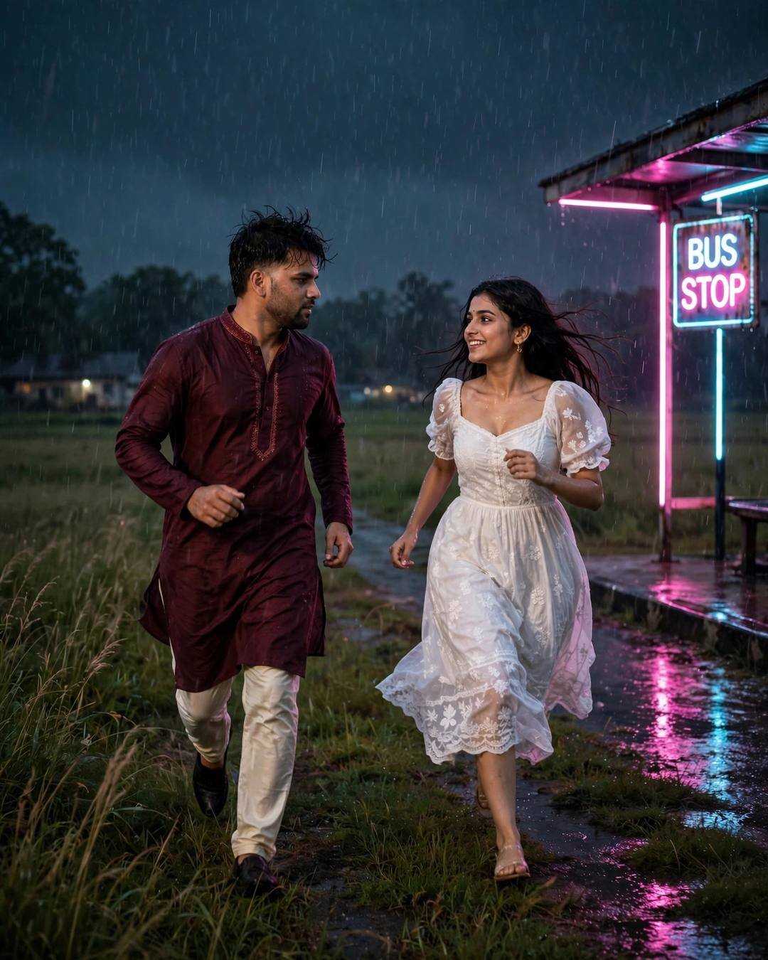 Couple running toward each other in rain at a neon-lit bus stop at night