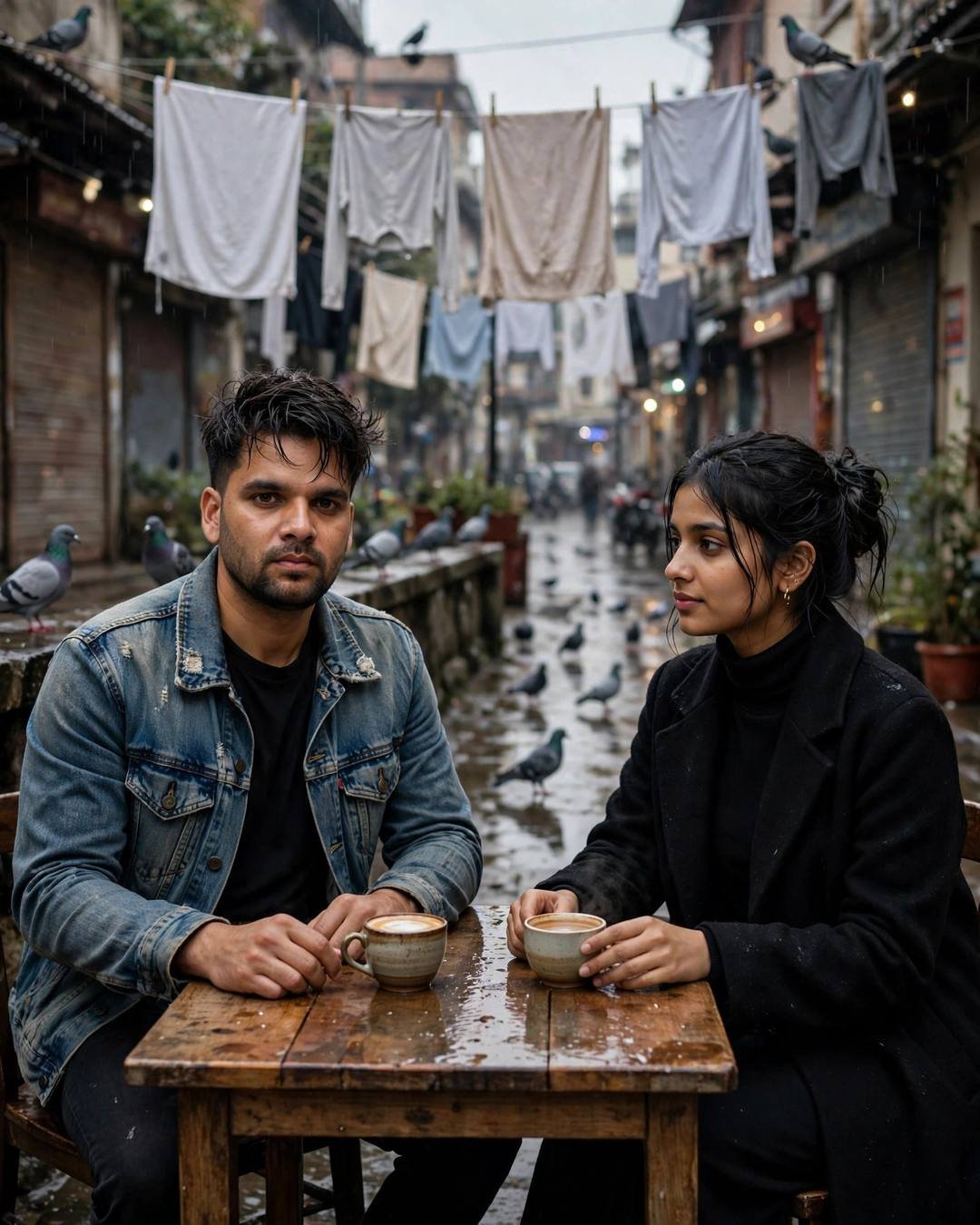 Couple sharing coffee at a small table on a post-rain street with washing lines above