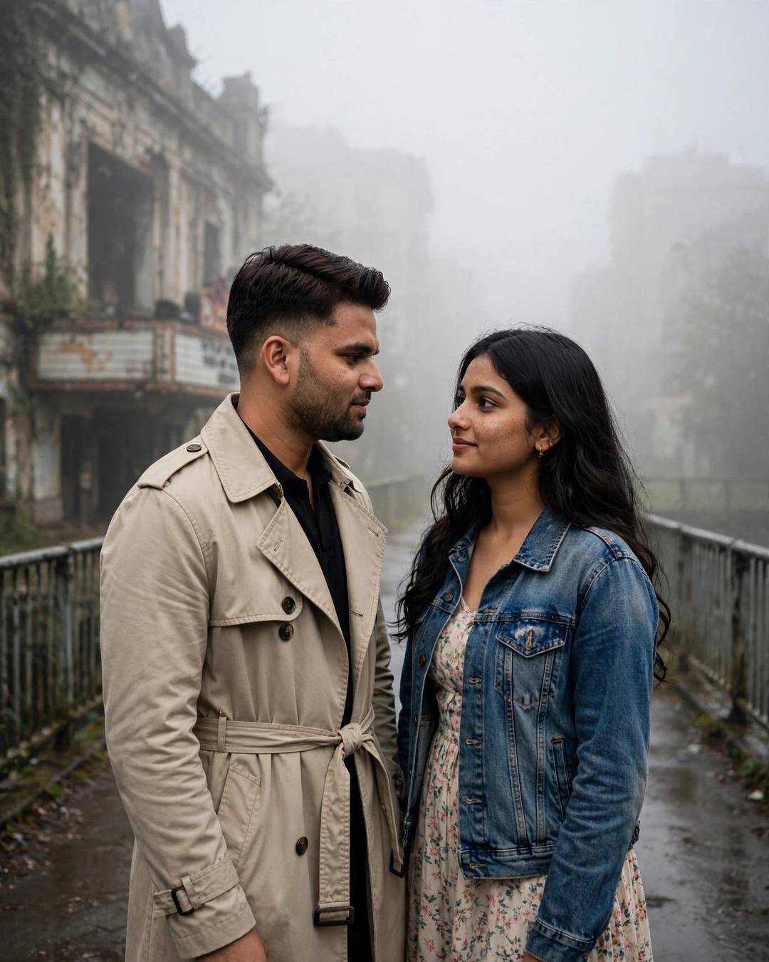 Couple standing face to face on a foggy bridge looking at each other, abandoned cinema behind them