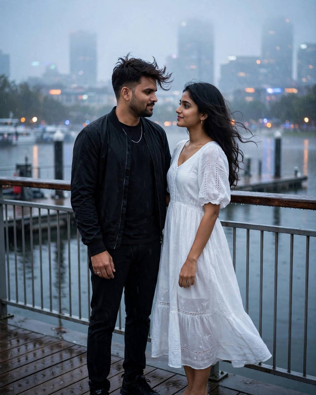 Couple standing face to face on a rainy bridge with blurred city behind