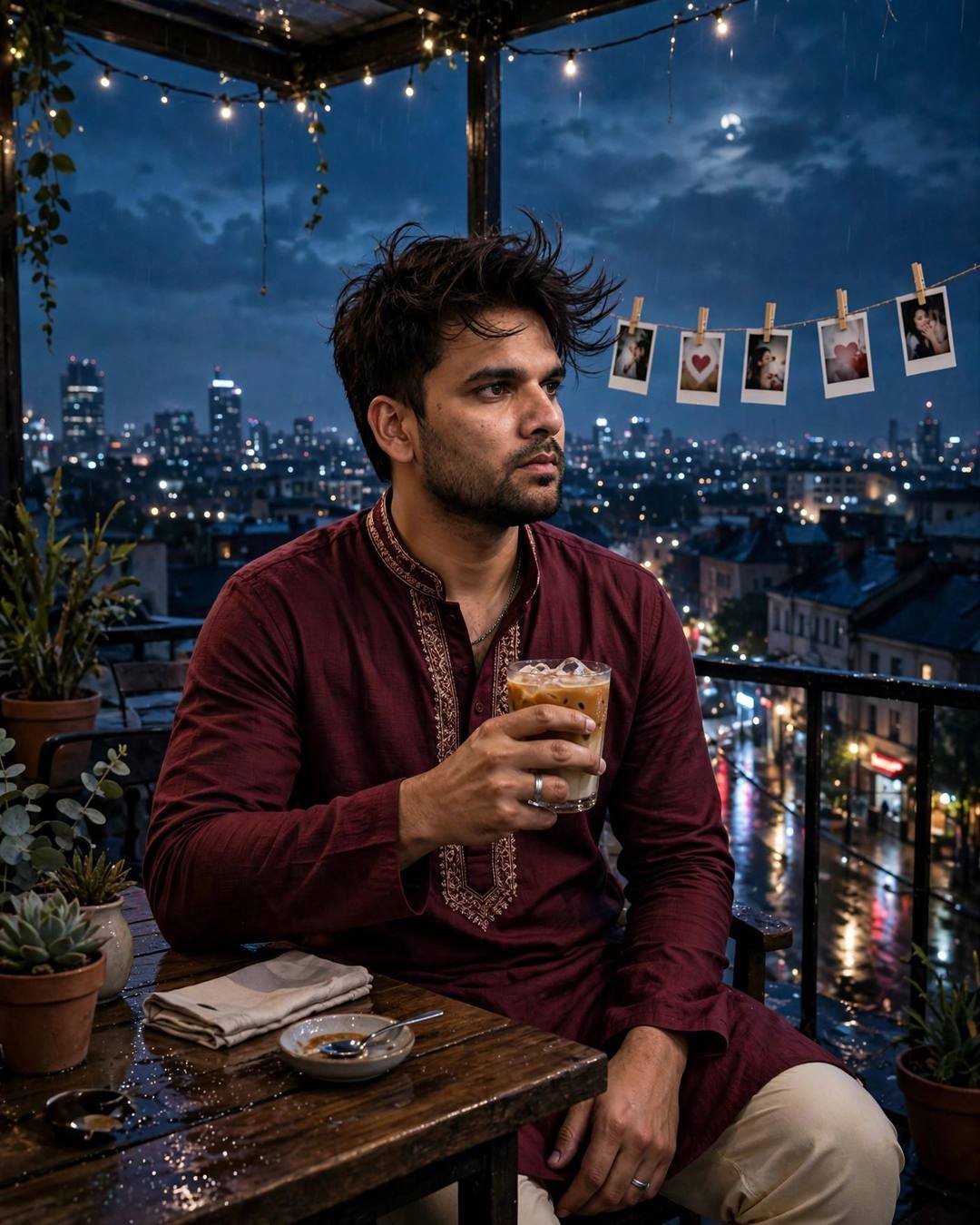 Man with cold coffee at a rooftop cafe table under moonlight and polaroids
