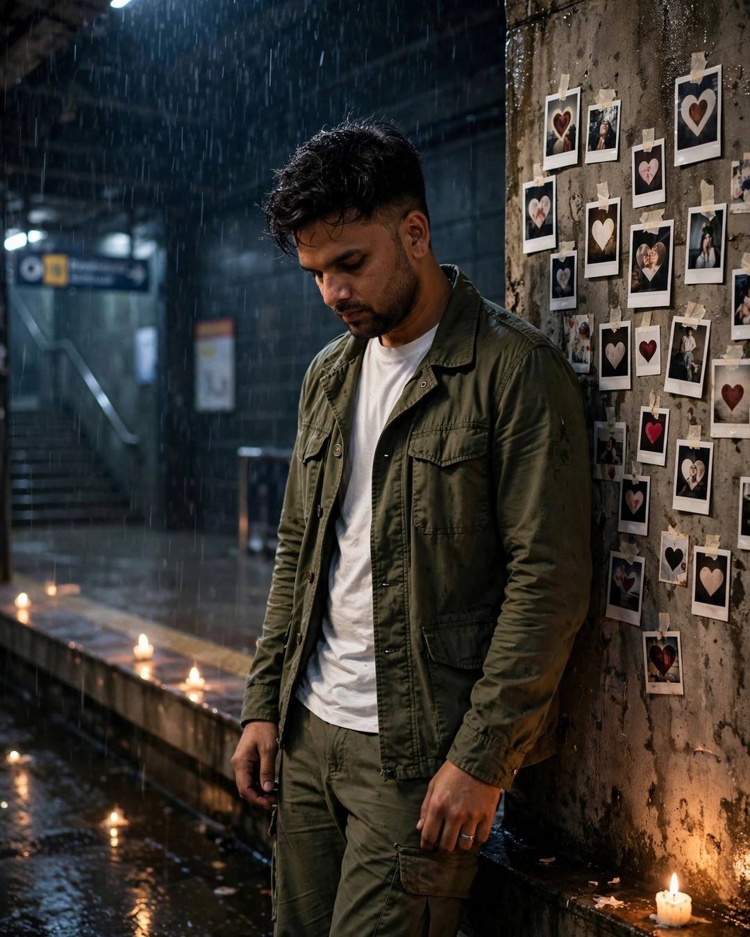 Man leaning against a metro wall covered in heart polaroids with candles