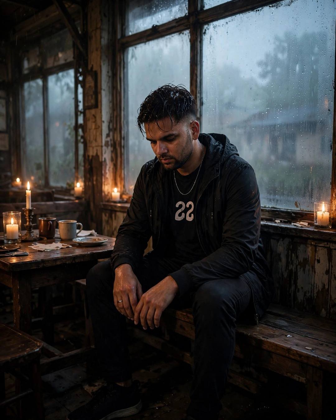 Young Indian man in black streetwear sitting on a bench by a fogged cafe window lit by candles