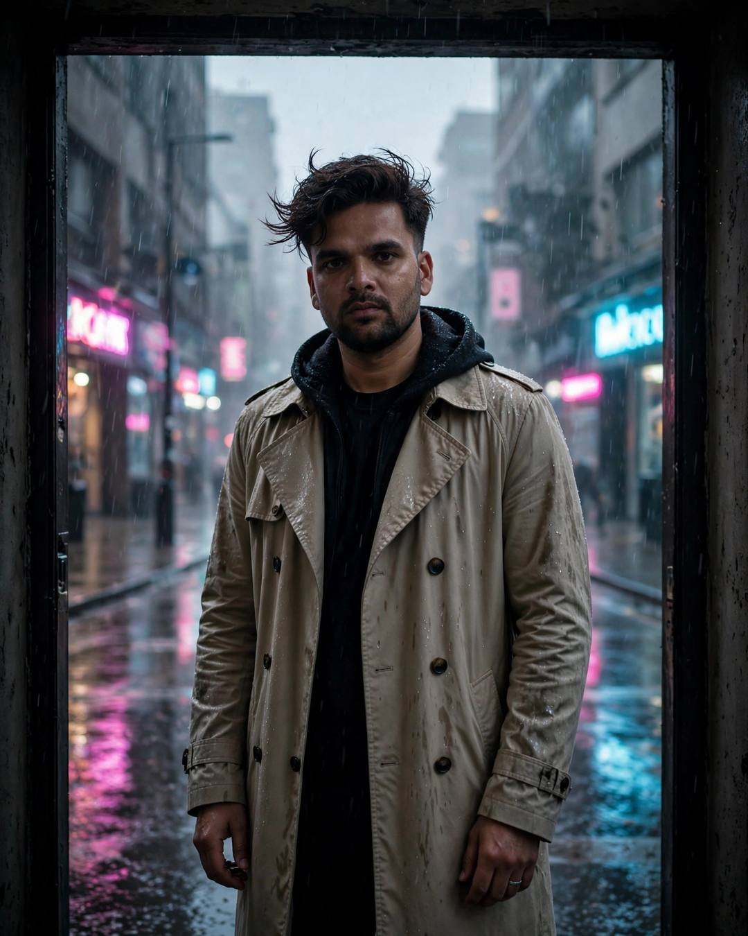 Young Indian man in a beige trench coat standing in a shadowed doorway facing a neon-lit rainy street