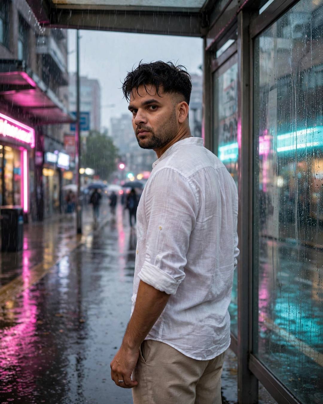 Man in white shirt looking over shoulder at a neon-lit rainy bus stop