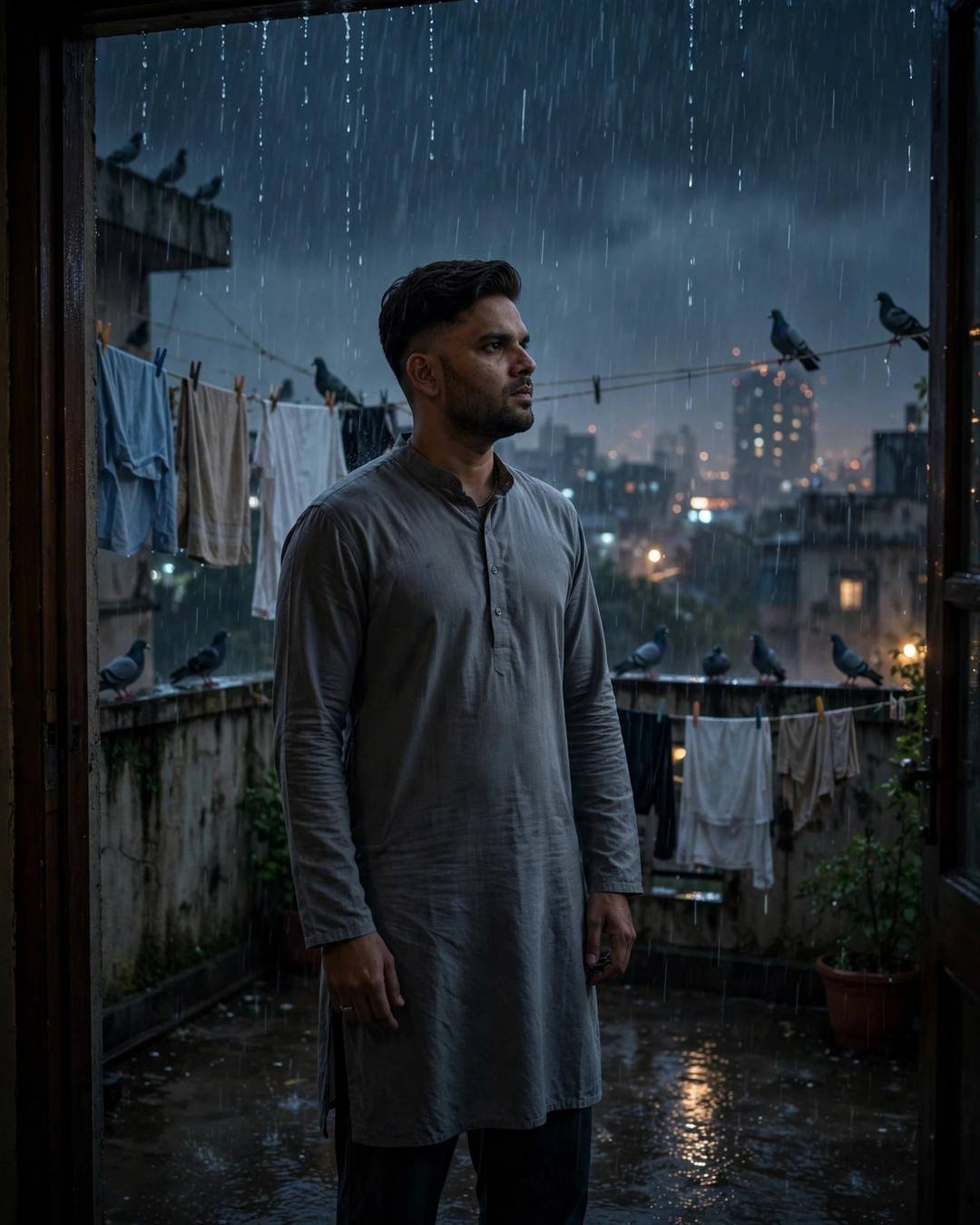 Man in grey kurta standing in a terrace doorway watching monsoon rain
