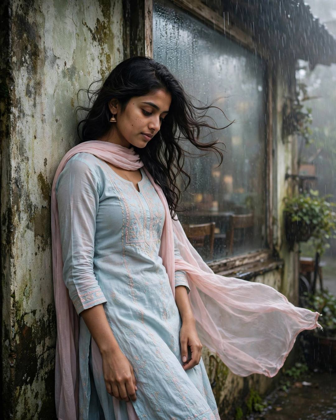Young woman in pastel salwar-kameez leaning against a wall in monsoon rain