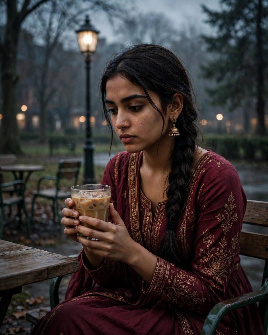 Young Indian woman in maroon anarkali with jhumkas reading under a park lamp at night, holding cold coffee