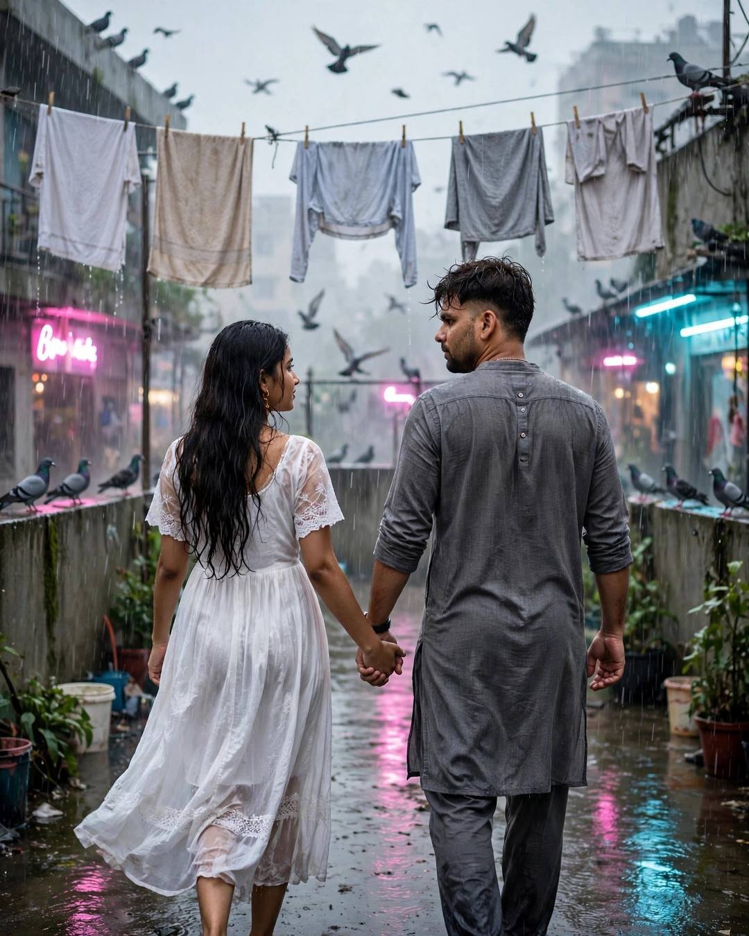 Sharing one bright yellow umbrella beneath a — grey kurta with dark pajama, slightly messy morning hair walking hand in hand away from the camera into the distance
