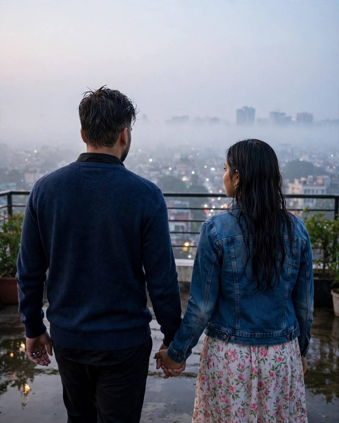 Couple seen from behind walking hand in hand on a rooftop overlooking a foggy city