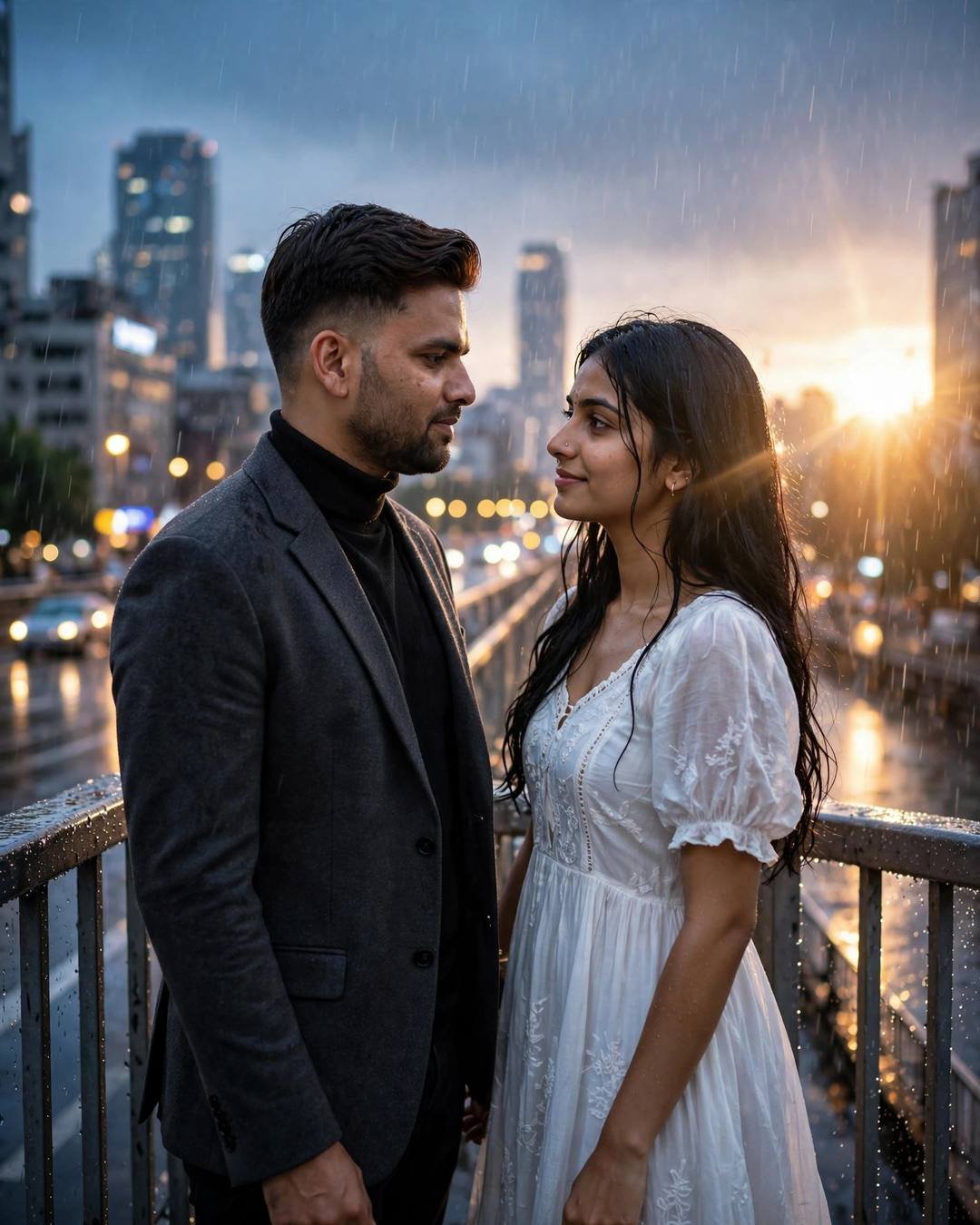 Couple looking at each other on a rainy bridge at dusk with neon city lights behind
