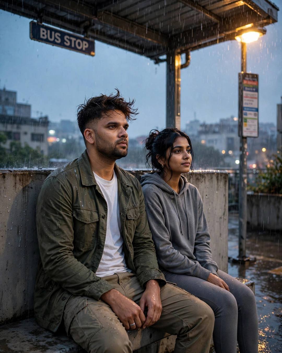 Couple reclined on a car bonnet stargazing at night, man in olive jacket, woman in grey hoodie, starfield above