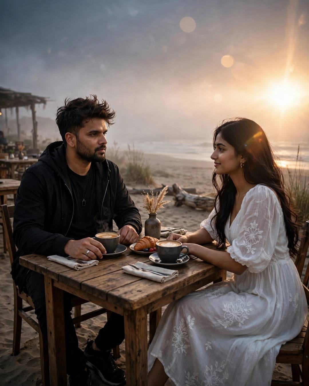 Couple at a beach cafe table at dusk with two cups of chai, sea behind