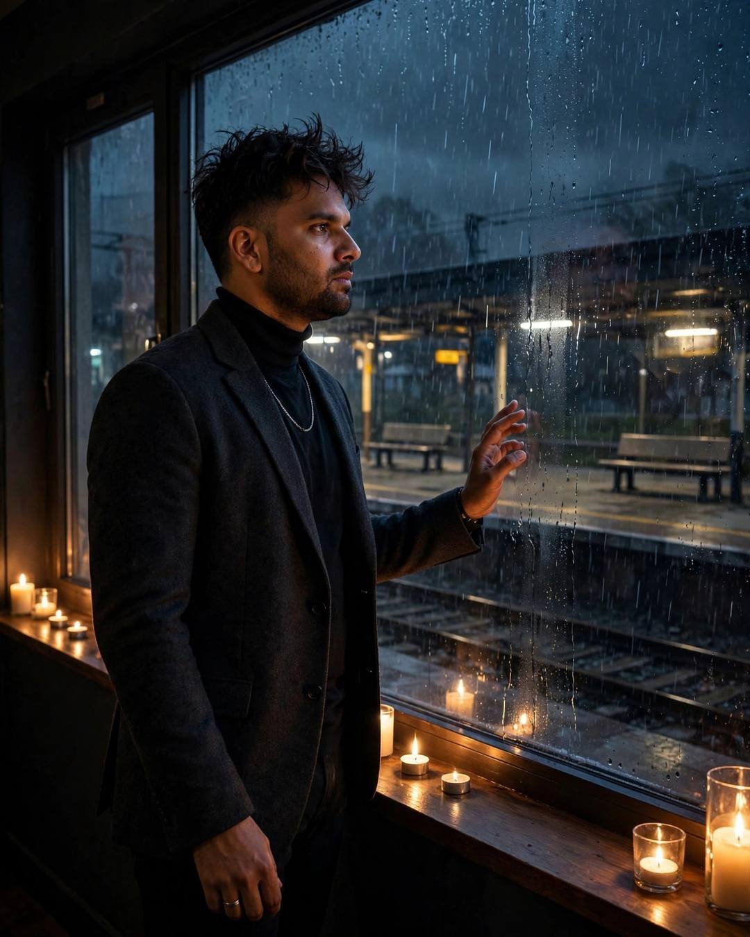 Young Indian man in blazer with hand on a rainy window at night, candles on the sill