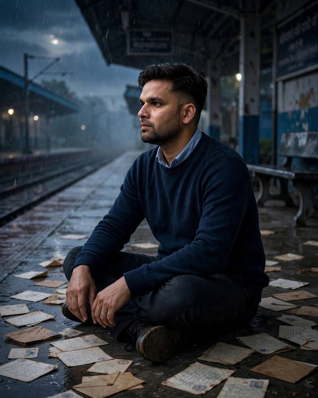 Young Indian man in navy sweater sitting among unsent letters on a moonlit rainy platform