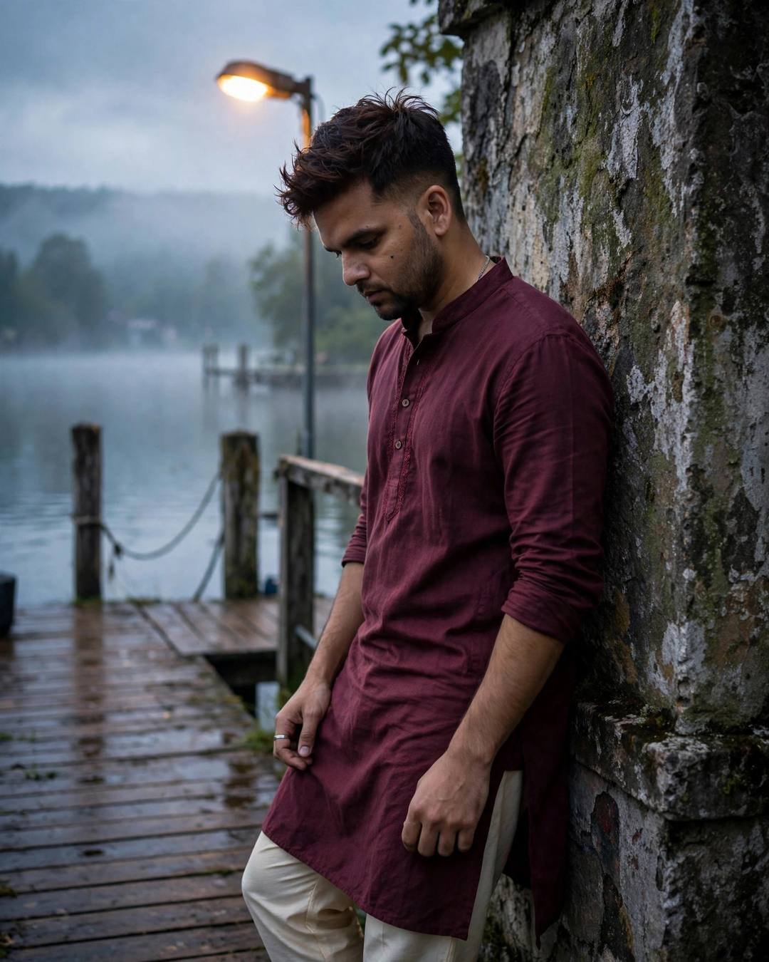 Young Indian man in maroon kurta leaning against a wall at a misty lake pier at dawn