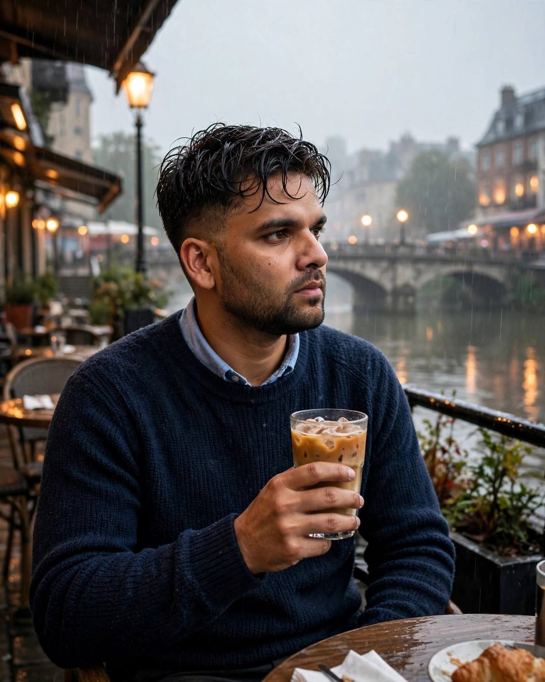 Lying on a cold bench under a — navy sweater over collared shirt, damp rain-wet hair sitting at a cafe table, cradling a cold coffee, lost in thought