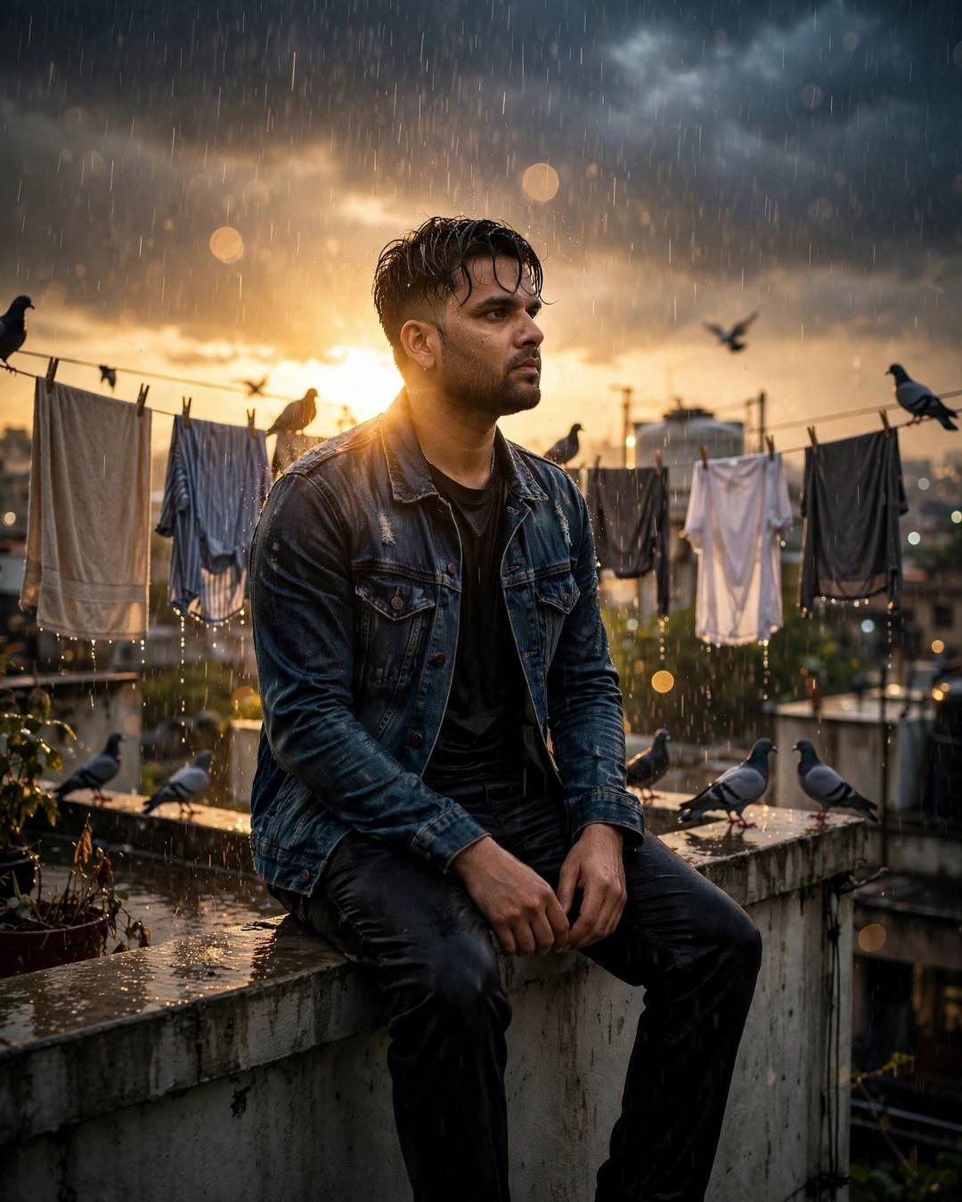 An unread letter slipping quietly from the — distressed denim jacket over black tee, damp rain-wet hair sitting on a rooftop ledge, legs dangling over the edge