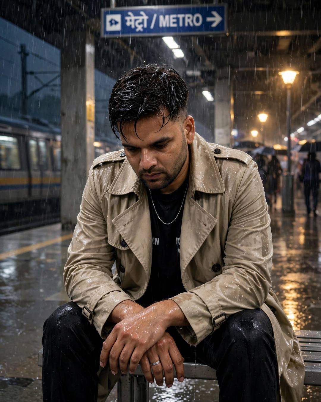 Standing exactly where her train once stood, — beige trench coat over dark layers, damp rain-wet hair sitting on station bench, elbows on knees, head in hands