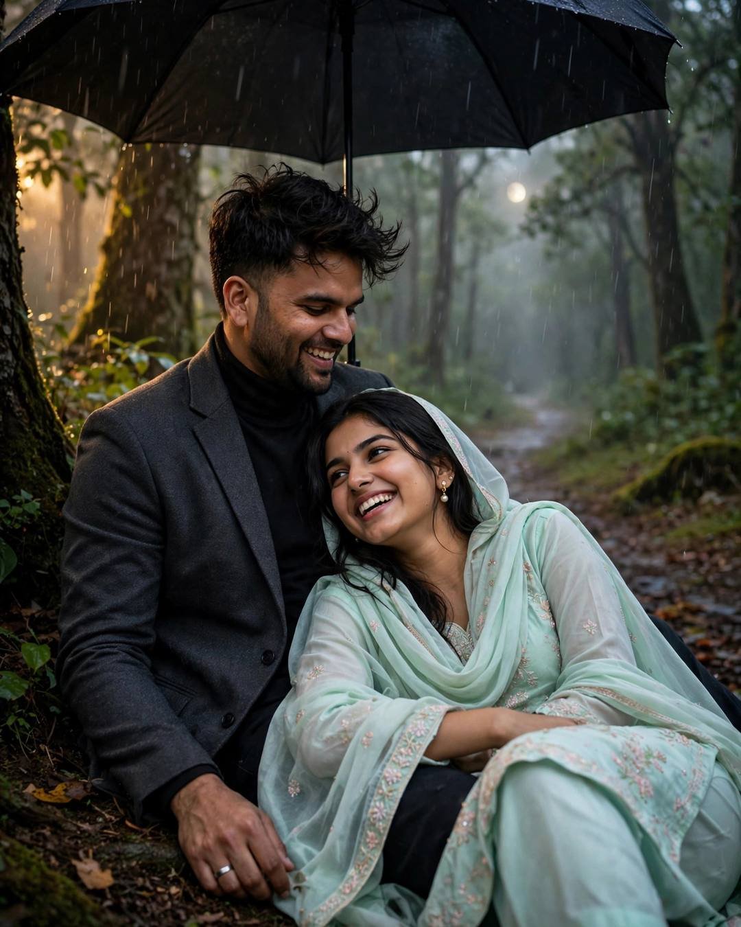 Laughing couple under one black umbrella on a misty forest path, woman in pastel salwar-kameez with head near his lap