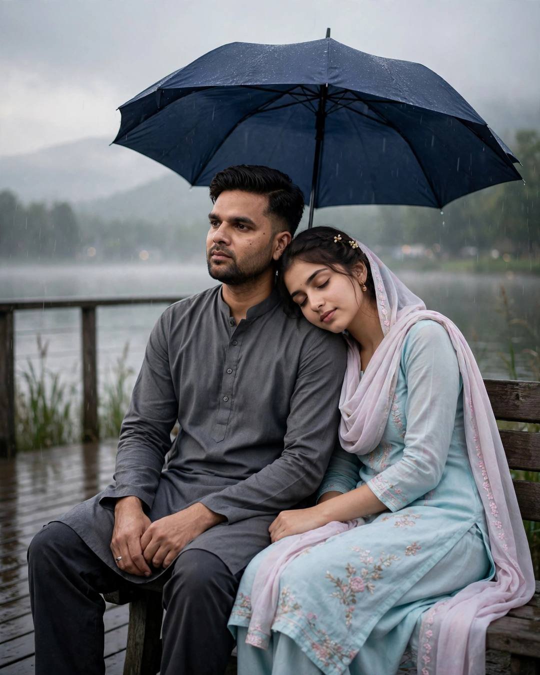 Couple under an umbrella on a lake pier in drizzle, her head on his shoulder