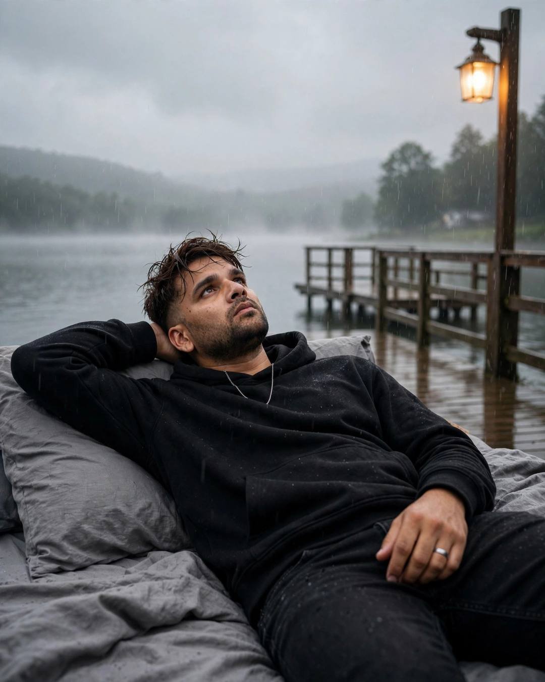 Young Indian man in black hoodie reclined on a bed on a rainy lake pier, gazing at the overcast sky