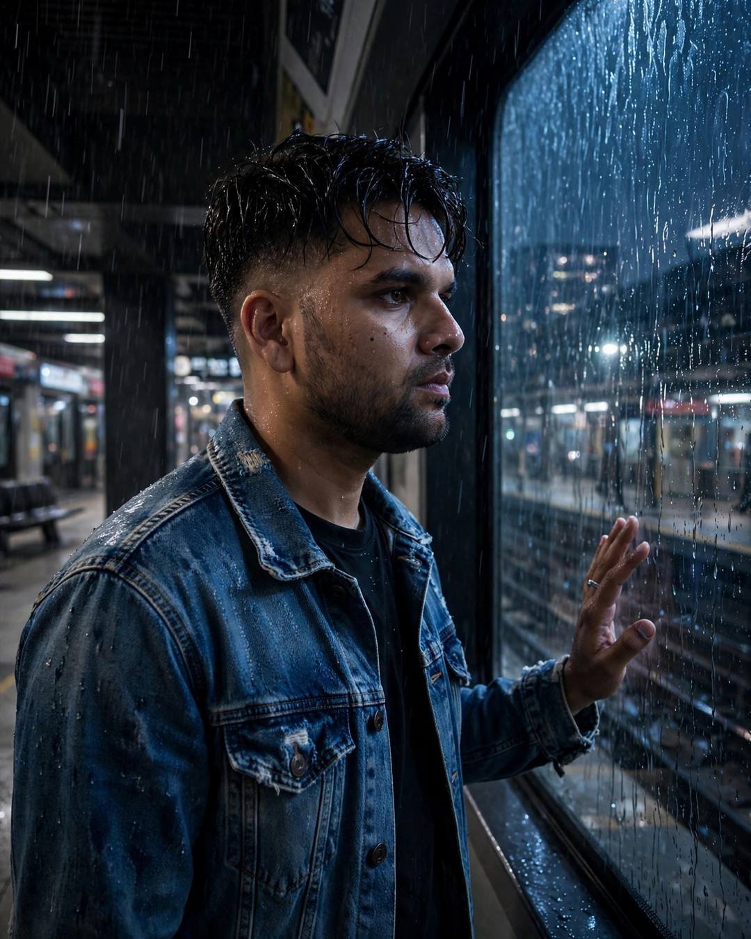 Young Indian man in denim jacket at a rain-streaked window in a midnight metro station, hand on the glass