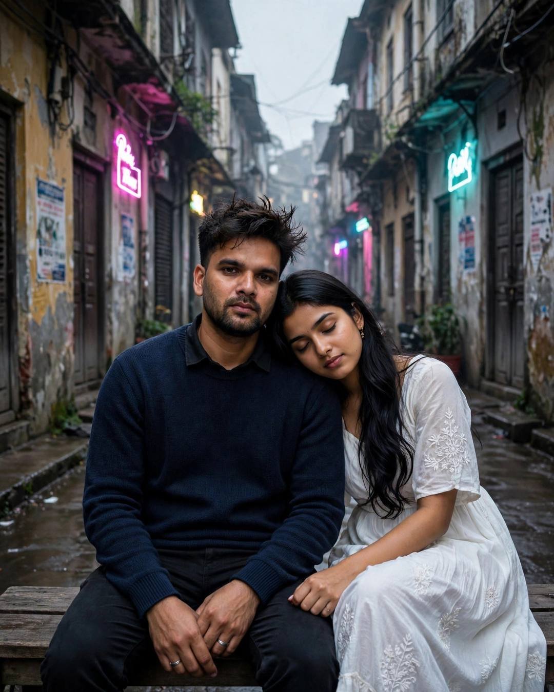 Couple reunited on a bench in a narrow old-city lane with neon signs