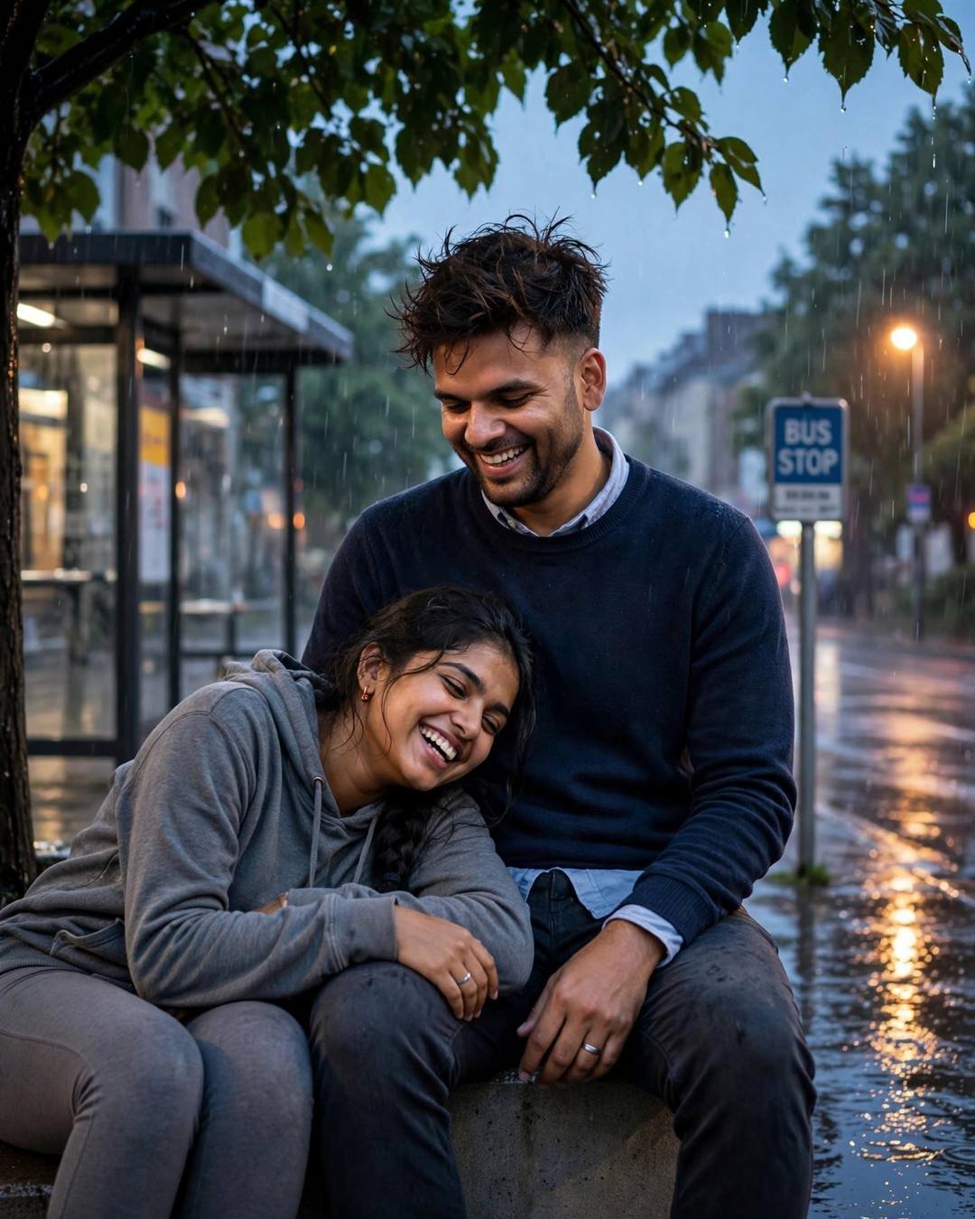Laughing couple reunited under a tree at a rainy bus stop at blue hour